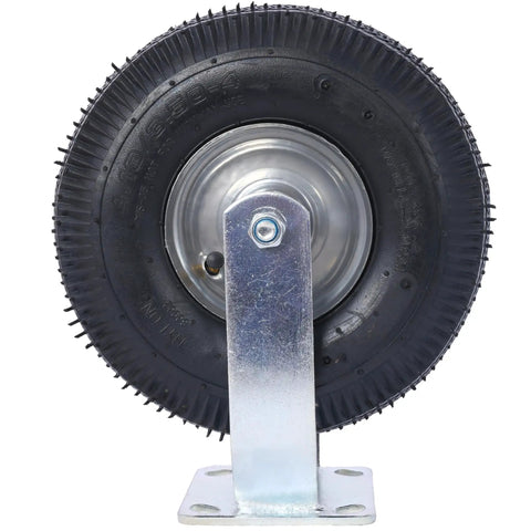 Heavy Duty 10 Inch Pneumatic Caster Wheels With Rigid Plate And Precision Ball Bearings Built Tough For No Sweat Hauling And Smooth Cruisin Performance from the front view showing the black tire and metal plate.