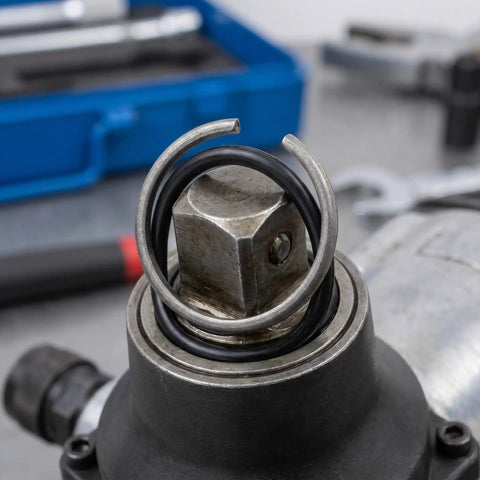Get These Awesome 1/2 Inch Impact Wrench Retaining Rings With O-Rings For Fast And Easy Installation Plus Great Fit For All Electric Or Pneumatic Tools You Might Use Today: close-up of retaining ring with O-ring on a tool.