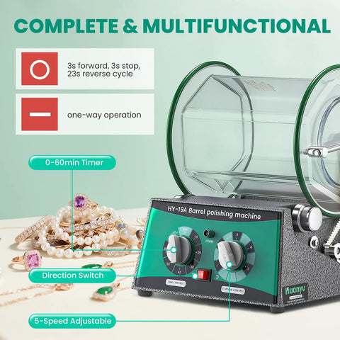 Barrel Polishing Machine for Jewelry and Small Parts, 3 Kg 6.6 Lb Tumbler With 5 Stage Speed Control and Time Settings