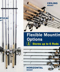 Ceiling Mount Fishing Rod Holder For Six Rods Ultimate Garage Storage And Easy Access Organization For Rods And Reels Horizontal Ceiling Rack