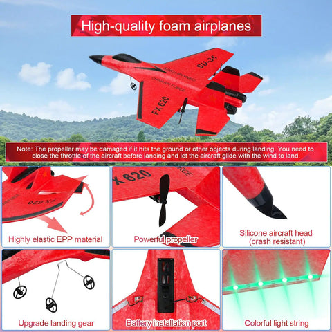 Super Easy To Fly 2CH RC Airplane With 2.4GHz Remote Control RTF Dope Jet Style SU35 FX620 showcasing red EPP body and night lights