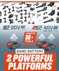 Cordless 20-Volt Max 1/2-Inch Hammer Drill Driver And 1/4-Inch Impact Driver Power Tool Combo, Includes images of rechargeable batteries and various power tools.