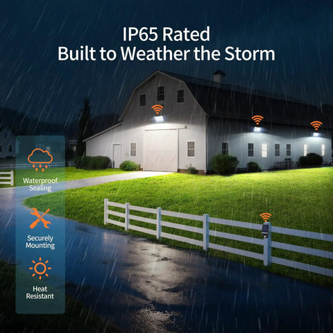 IP65 rated solar flood lights illuminating yard and gate, highlighting waterproof, weather-resistant features in rainy night scene.