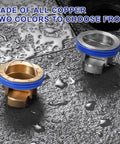 Brass Shower Floor Drain Backflow Preventer With One Way Valve shown in copper and silver on wet floor