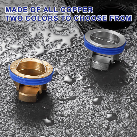 Brass Shower Floor Drain Backflow Preventer With One Way Valve shown in copper and silver on wet floor
