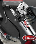 Bravex pistol-grip grease gun with 18-inch flexible hose; chrome body, black handle, close-up view