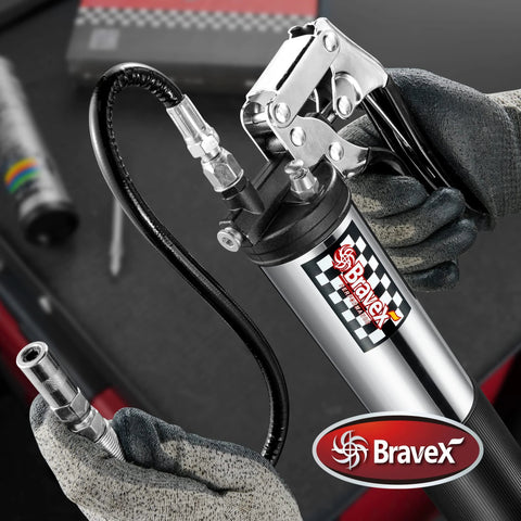Bravex pistol-grip grease gun with 18-inch flexible hose; chrome body, black handle, close-up view
