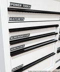 Magnetic Toolbox Label Set With 12 Prelabeled Organizers Silver Edition for tool drawers featuring labels like power tools and sockets.