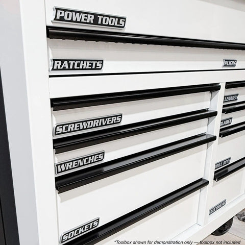 Magnetic Toolbox Label Set With 12 Prelabeled Organizers Silver Edition for tool drawers featuring labels like power tools and sockets.