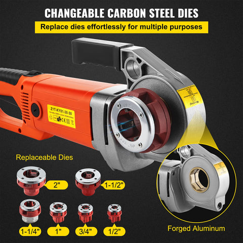 Powerful 2300W Pipe Threader For Half To Two Inch Pipes With 6 Dies And 110V Handheld Electric Threading Machine Copper Motor 22 RPM No Load Speed Portable Kit With Carrying Case By VEVOR, highlighting changeable carbon steel dies.