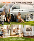 Built Tough No Drill Small Dog Gate 48 Inch Foldable Puppy Barrier For Home Doorways White Metal shown outdoors with family.