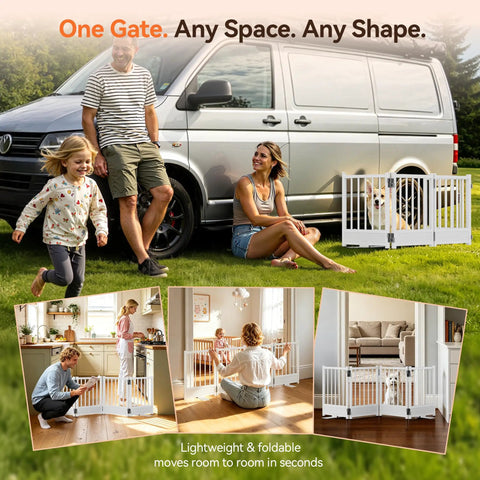 Built Tough No Drill Small Dog Gate 48 Inch Foldable Puppy Barrier For Home Doorways White Metal shown outdoors with family.