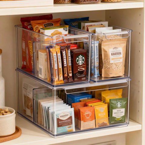 Clear Plastic Storage Bins With Dividers 3 Pack Acrylic Stackable Organizer Boxes For Fridge Pantry And Cabinets Two Narrow And One Wide See Through Design Durable No Brainer Storage For Easy Home Edit Organization filled with various snacks on a shelf.