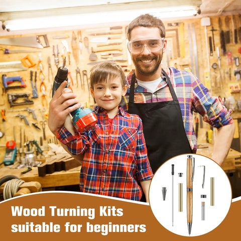 Father and son in workshop with 12 Pack 7mm Trimline Twist Pen Kit With Refills For Wood Turning Slimline Pen Making Supplies