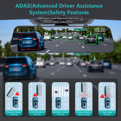 ADAS display on 12 Inch 4K Front And Rear Mirror Dash Cam With Crystal Clear Night Vision And Parking Monitor, App WiFi, GPS