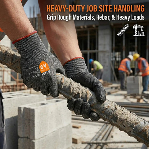 Two Pairs A9 Cut Resistant Work Gloves For Men With Touchscreen Capability Reinforced Thumb And Premium HPPE Steel Fiber Blend ANSI Level 9 Protection Against Metal Glass Wood Construction And Fishing XL gripping rebar on construction site
