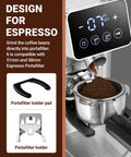 Conical Burr Coffee Grinder With 40mm Stainless Steel Burrs, Precision Timer And LED Touchscreen showing espresso grind.