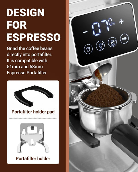 Conical Burr Coffee Grinder With 40mm Stainless Steel Burrs, Precision Timer And LED Touchscreen showing espresso grind.