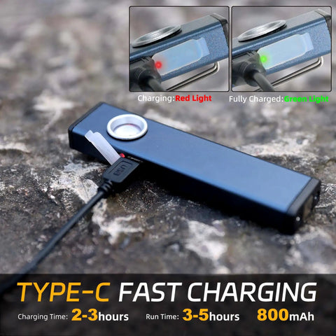 Rechargeable 600 Lumen LED Flashlight With Magnetic COB Flat Light charging with type-C cable on rocky surface