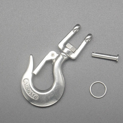 Rock Solid 316 Stainless Steel Clevis Slip Hook With Swivel Lift And Safety Latch 5/16 Inch 1430 Lbs Rigging Accessory shown with pin and ring.