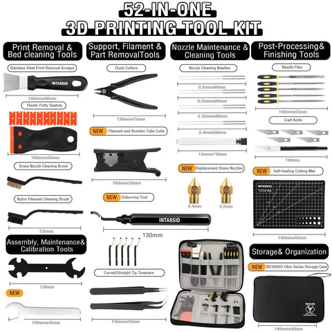 52 Piece 3D Printer Tools Kit For FDM And SLA Printers with scrapers, brushes, nozzles, deburring tool, storage case, and cutting mat
