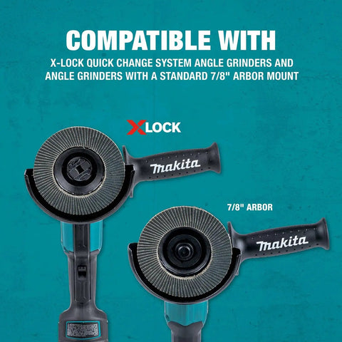 Two angle grinders, compatible with X-Lock 4-1/2 Inch Flap Disc Set, 60 Grit Type 29 Angled Grinding and Polishing Discs, 7/8 Inch Arbor.