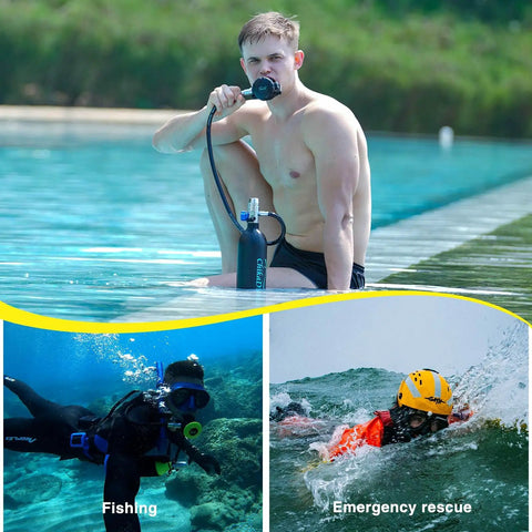 Man using 1L Mini Scuba Tank With Pump Portable Underwater Oxygen Tank For Diving Up To 20 Minutes Snorkeling Gear Black poolside