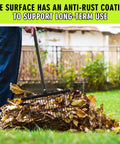 Three Pack Metal Manure Forks With Long Ergonomic Handles raking leaves in garden, anti-rust coating shown