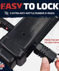 Close-up view of Beefed Up Trailer Hitch Pin Lock For Two Inch Receivers With Five Eighth Inch Locking Pin And Tubular Key Fits Class III And IV Hitches Built Tough Against Dust Mud And Thieves, showing black finish with button to lock.