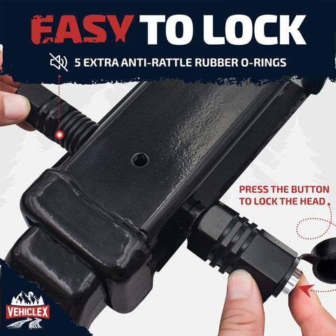 Close-up view of Beefed Up Trailer Hitch Pin Lock For Two Inch Receivers With Five Eighth Inch Locking Pin And Tubular Key Fits Class III And IV Hitches Built Tough Against Dust Mud And Thieves, showing black finish with button to lock.