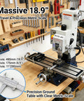 Precision Heavy Duty Benchtop Mill And Drill With 1300W Brushless Motor handles steel and wood with 18.9 inch X-travel and clear metric scale.