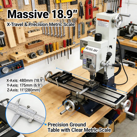 Precision Heavy Duty Benchtop Mill And Drill With 1300W Brushless Motor handles steel and wood with 18.9 inch X-travel and clear metric scale.