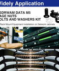 Heavy Duty M5 Rack Mount Screws And Cage Nuts With Nylon Locking Washers Stainless Steel Server Rack Hardware Kit shown in use for equipment installation.