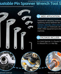 Set of adjustable pin spanner wrenches with changeable attachments, 9 piece C spanner heads, hook and pin adapters for suspension tweaks.
