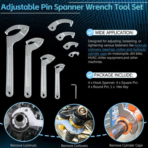 Set of adjustable pin spanner wrenches with changeable attachments, 9 piece C spanner heads, hook and pin adapters for suspension tweaks.