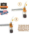 Image of Oil Sampling Pump That Makes Oil Analysis Quick And Safe No Fuss Vacuum Release Valve For Spill Free Sampling Fits 5/16 Inch, 1/4 Inch And 3/16 Inch Hoses Made In USA showing how the release valve functions with a full container.