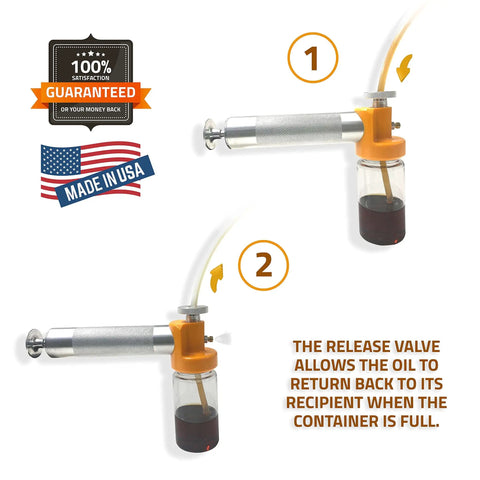 Image of Oil Sampling Pump That Makes Oil Analysis Quick And Safe No Fuss Vacuum Release Valve For Spill Free Sampling Fits 5/16 Inch, 1/4 Inch And 3/16 Inch Hoses Made In USA showing how the release valve functions with a full container.