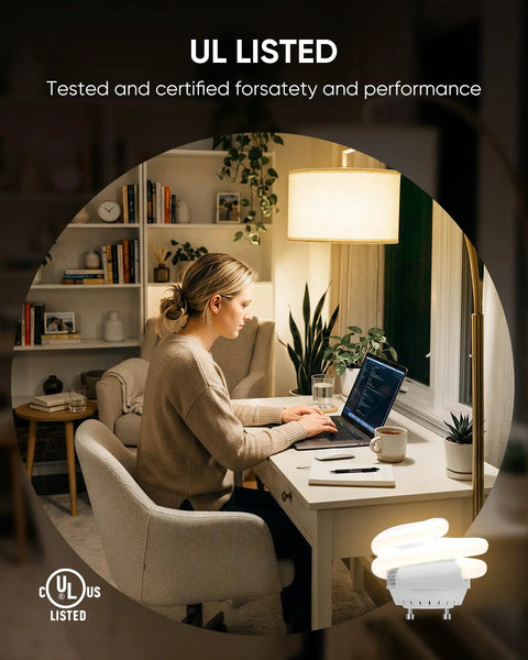 Woman working at desk with UL Listed 13W GU24 CFL Light Bulb 2700K Soft White 1000 Lumen Spiral, home office setting.