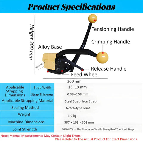 Heavy Duty Stainless Steel Strapping Tool Manual Belt Bundler For 13 To 19mm Metal Strap Packers with specifications and handles.