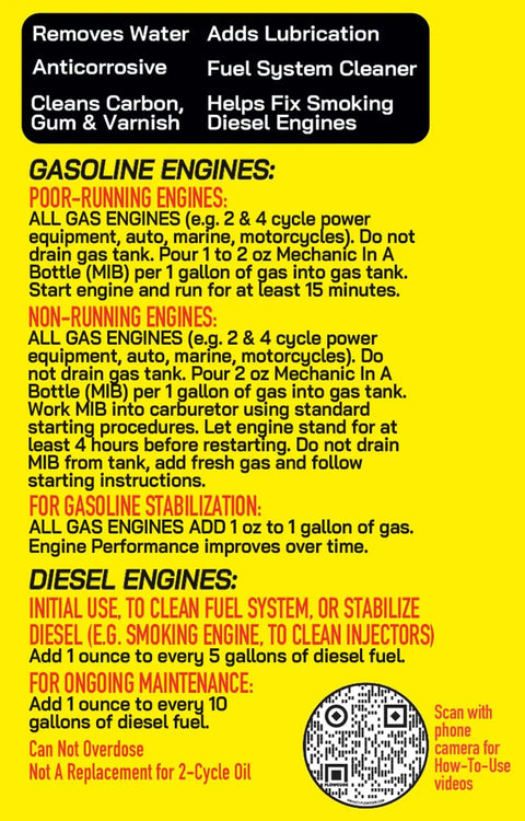 Product label for Gas And Diesel Fuel System Cleaner And Stabilizer 24 Oz 2 Pack with usage instructions for gasoline and diesel engines.