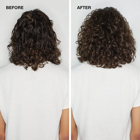 Back view of curly hair before and after using Twirl Around Cream Serum For Curly And Wavy Hair With Frizz Control And Soft Touchable Hold