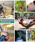 Collage showing uses of 3.1 Inch Heavy Duty Gym Carabiner Clips Pack Of 4 Load 1000lbs Large Snap Hooks for outdoor and fitness.