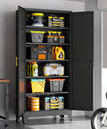 Tall Black Metal Storage Cabinet With Two Doors And Five Adjustable Shelves For Garage And Workshop, Heavy Duty Steel Tool Closet For Home Office Kitchen Pantry File Storage. Open doors show tools in a garage.