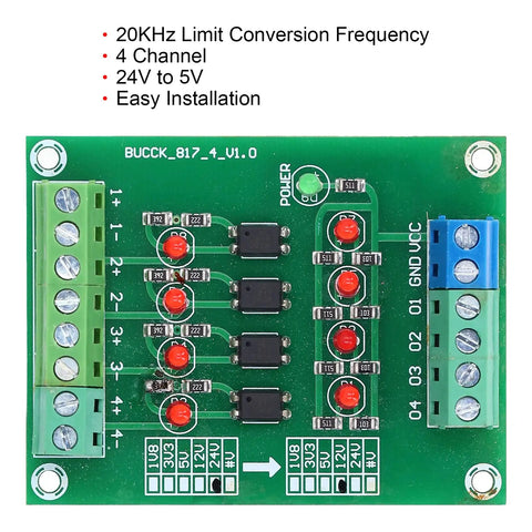 Top view of Optocoupler Isolation Board 24V To 5V PLC Level Voltage Converter Module Four Channel for industrial projects.