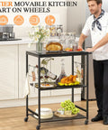 Outdoor Grill Cart With 3 Tier BBQ Prep Table On Wheels, fully loaded with dishes, fruits, and utensils in kitchen setting.