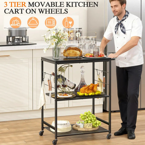Outdoor Grill Cart With 3 Tier BBQ Prep Table On Wheels, fully loaded with dishes, fruits, and utensils in kitchen setting.