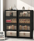 Heavy Duty Lockable Plastic Storage Bins 8 Pack Collapsible Stackable Organizers in black, 112 quart capacity, displayed with towels and books.