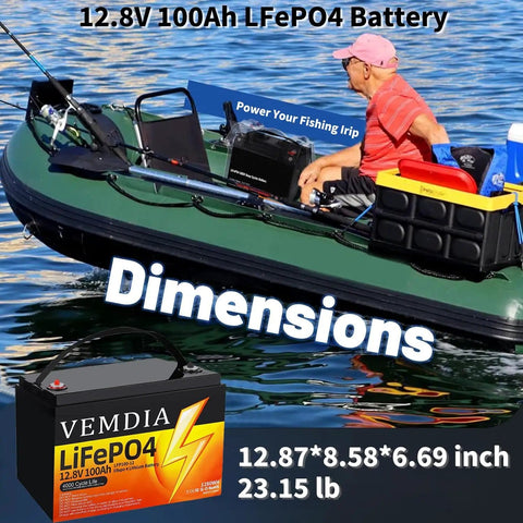 Man in boat with Beefy 12V 100Ah LiFePO4 Battery with Built In 100A BMS for RVs solar wind and home power use