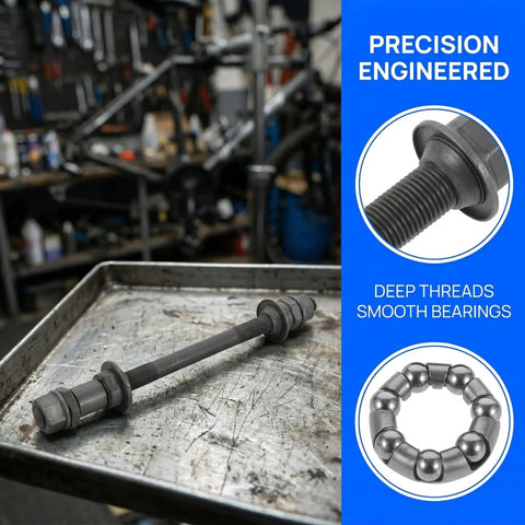 Beefy 180mm Mountain Bike Rear Axle With Titanium Alloy Shaft Hollow Hub And Ball Bearing Kit on workshop table