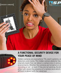 Hidden Camera Detector And Spy Camera Finder For Hotels And Travel, woman holding frame with hidden camera illustration.